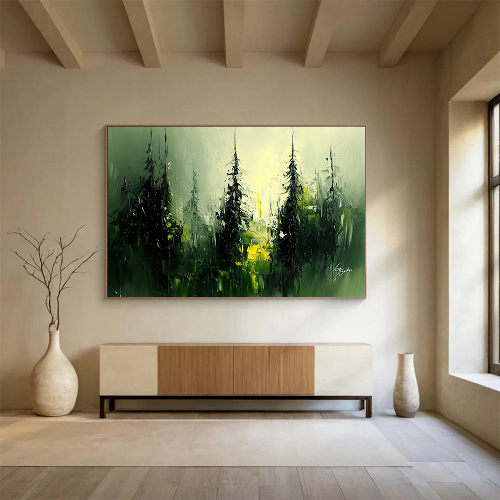“Mystic Forest Glow” - Green, Yellow, Black, Abstract Trees - Oil Painting HB1485