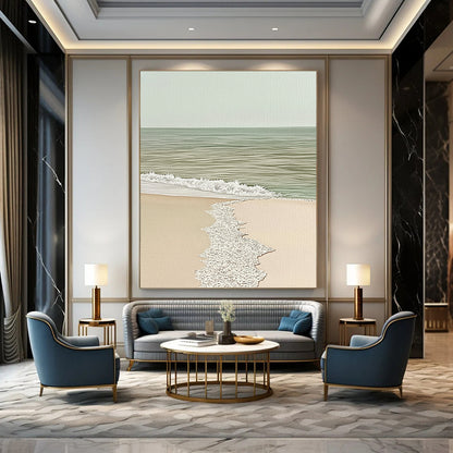 Contemporary abstract painting showcases a detailed watercolor seascape with a sandy edge in soothing beige and light green tones. DLZ1444