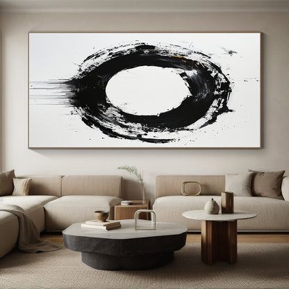 White, Black and Gold Abstract Circle "Dynamic Enso" Painting On Canvas HB366