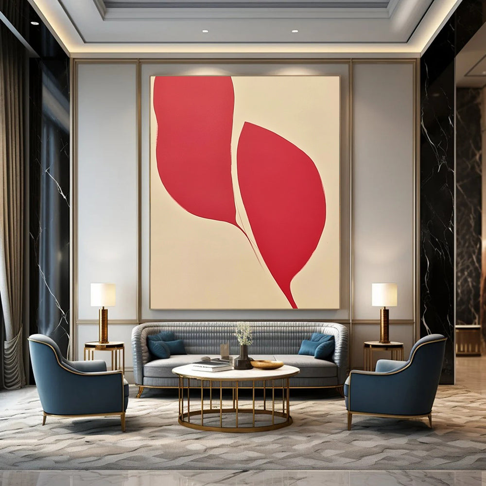 Contemporary abstract art featuring a symmetrical design with two petal-like shapes in red and pink against a white background, showcasing elegant curves and vibrant colors. DLZ1450