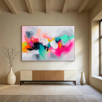 “Colorful Abstract Expressionist Burst” - Pink, orange, green, blue, white; Vibrant abstract expressionist; Acrylic Painting On Canvas HB1260