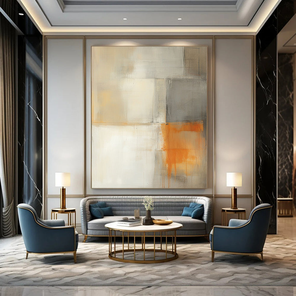 Contemporary hand-painted abstract artwork featuring light gray white and orange hues with a minimalistic building and soft shadows for a tranquil atmosphere. DLZ0986