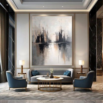 Contemporary hand-painted abstract artwork featuring soft gray tones and a neutral palette with detailed textures and minimalist design on a white background. DLZ0810