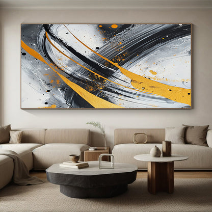 Gray, Black, White, Gold, Orange, Swirling Strokes "Fiery Galaxy" Abstract Cosmic - Inspired Painting On Canvas HB069