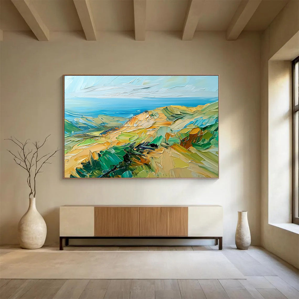 “Impasto Coastal Cliffs” - Green, Blue, Yellow, Textured Cliffs and Ocean View Painting On Canvas HB0925