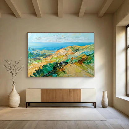 “Impasto Coastal Cliffs” - Green, Blue, Yellow, Textured Cliffs and Ocean View Painting On Canvas HB0925