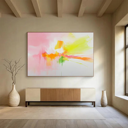 “Vibrant Pastel Abstract Burst” - Pink, yellow, orange, green; Soft pastel abstract with drips; Acrylic Painting On Canvas HB1218