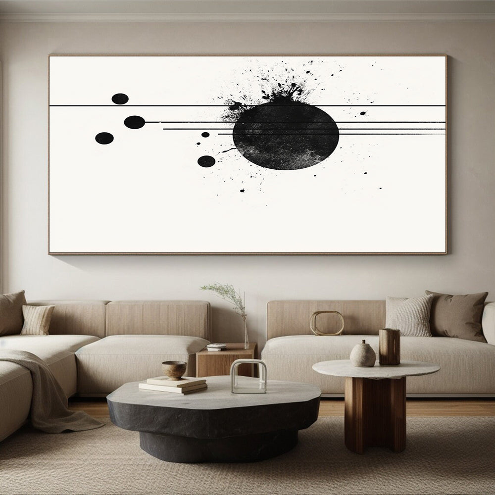 Black Circle with Splatter & Lines - “Elegant Ink Fusion” Painting On Canvas HB238