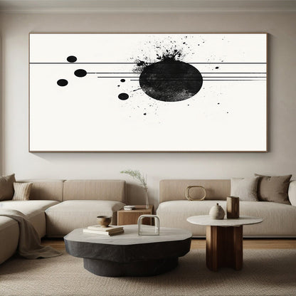 Black Circle with Splatter & Lines - “Elegant Ink Fusion” Painting On Canvas HB238