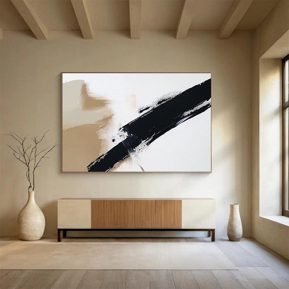 “Beige - Black Diagonal Brushstroke” - Beige, Black, Dynamic Stroke Painting On Canvas HB0802