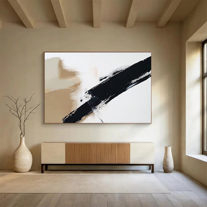 “Beige - Black Diagonal Brushstroke” - Beige, Black, Dynamic Stroke Painting On Canvas HB0802