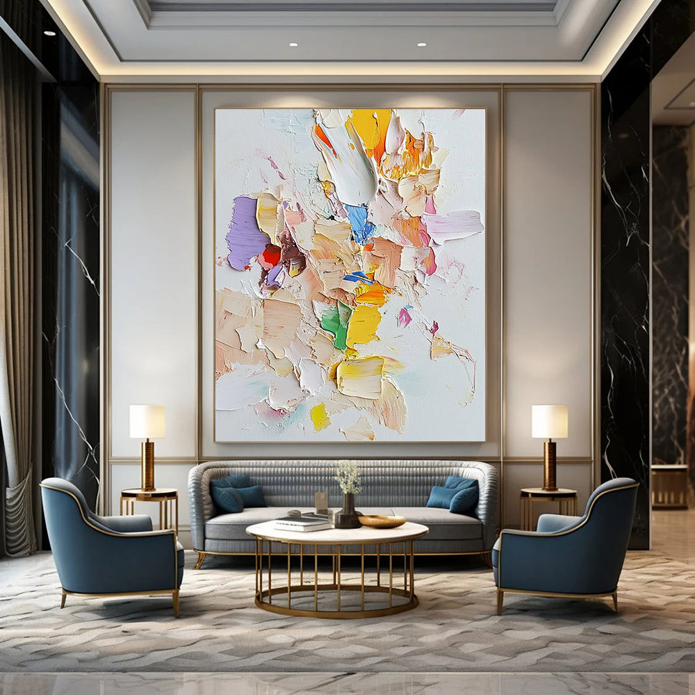 Contemporary abstract art featuring light pastels on white canvas with palette knife technique and assembled cut-out pieces for a unique textured effect. DLZ0882