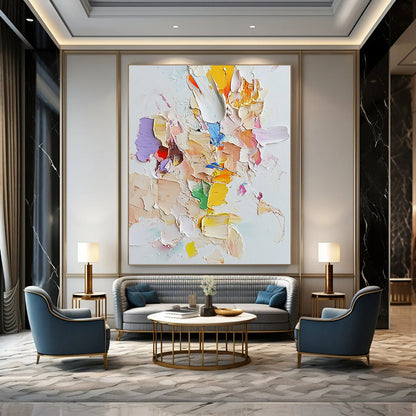 Contemporary abstract art featuring light pastels on white canvas with palette knife technique and assembled cut-out pieces for a unique textured effect. DLZ0882