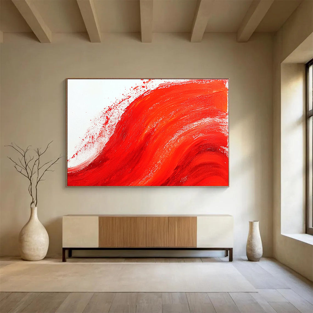 “Bold Red Wave” - Vibrant Red, White, Dynamic Brushstrokes - Abstract Acrylic Painting HB1730