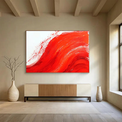 “Bold Red Wave” - Vibrant Red, White, Dynamic Brushstrokes - Abstract Acrylic Painting HB1730