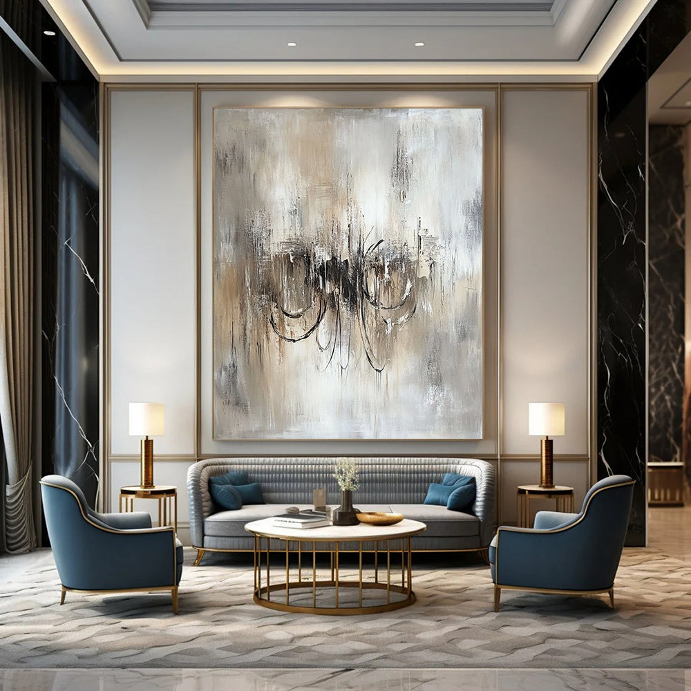 Contemporary hand-painted abstract art featuring an ethereal chandelier in soothing beige and grey tones on textured white canvas. DLZ0456