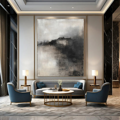 Contemporary abstract painting featuring a soft misty landscape with neutral tones and a small village on the horizon. DLZ0389