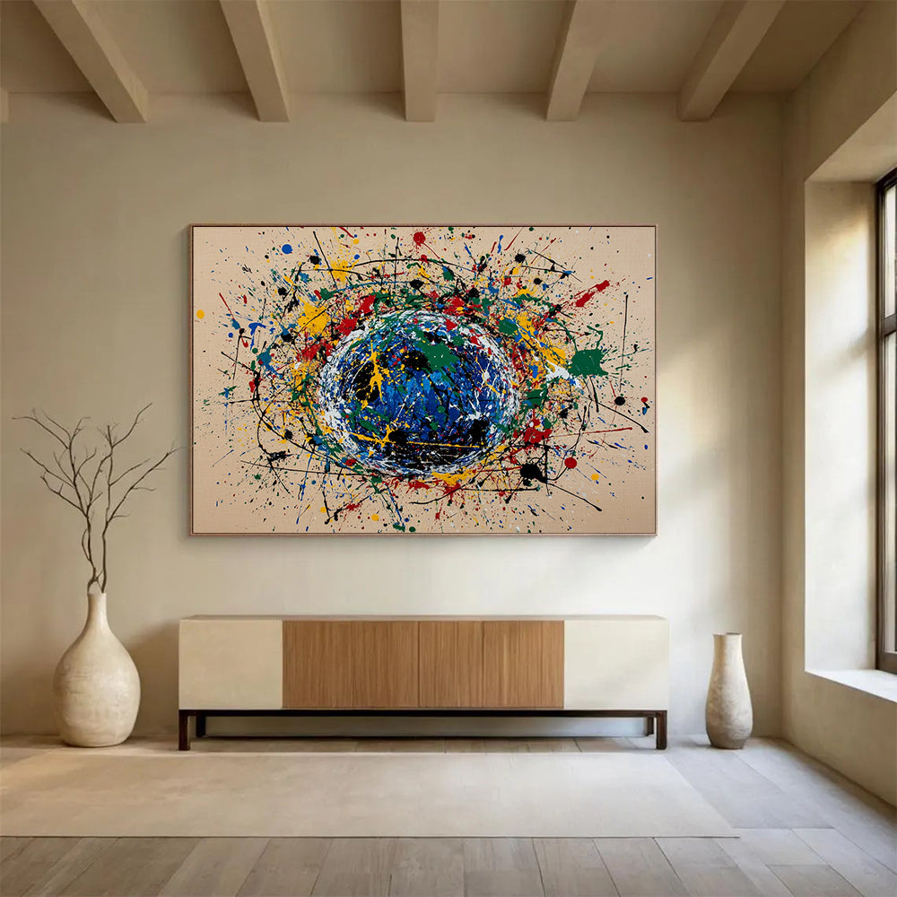 “Color - Splash Sphere” - Multicolor splashes, blue sphere, Abstract Painting On Canvas HB0564