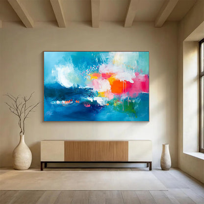 “Colorful Blue - Based Abstract” - Blue, Pink, Orange, Green with Splashes - Painting On Canvas HB1378