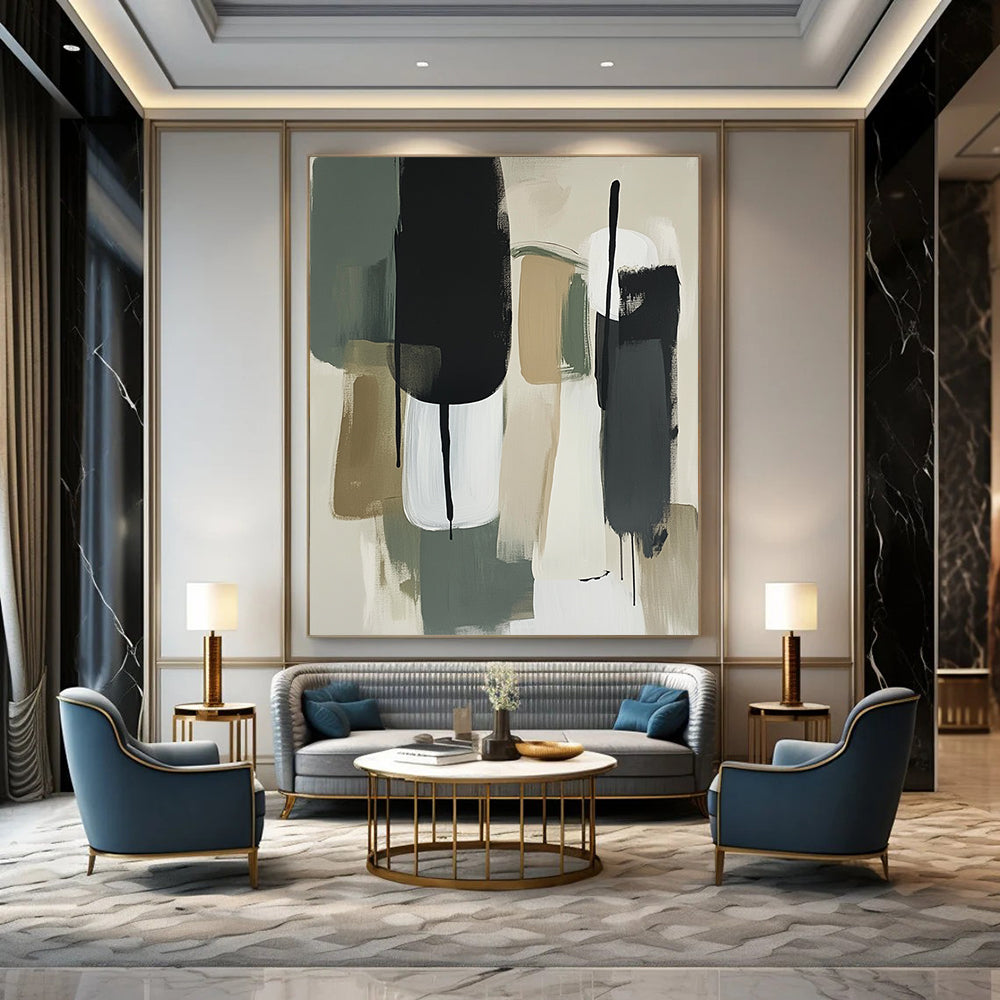 Contemporary hand-painted abstract artwork featuring thick brush strokes in sage green and white with neutral tones and striking black accents. DLZ0775