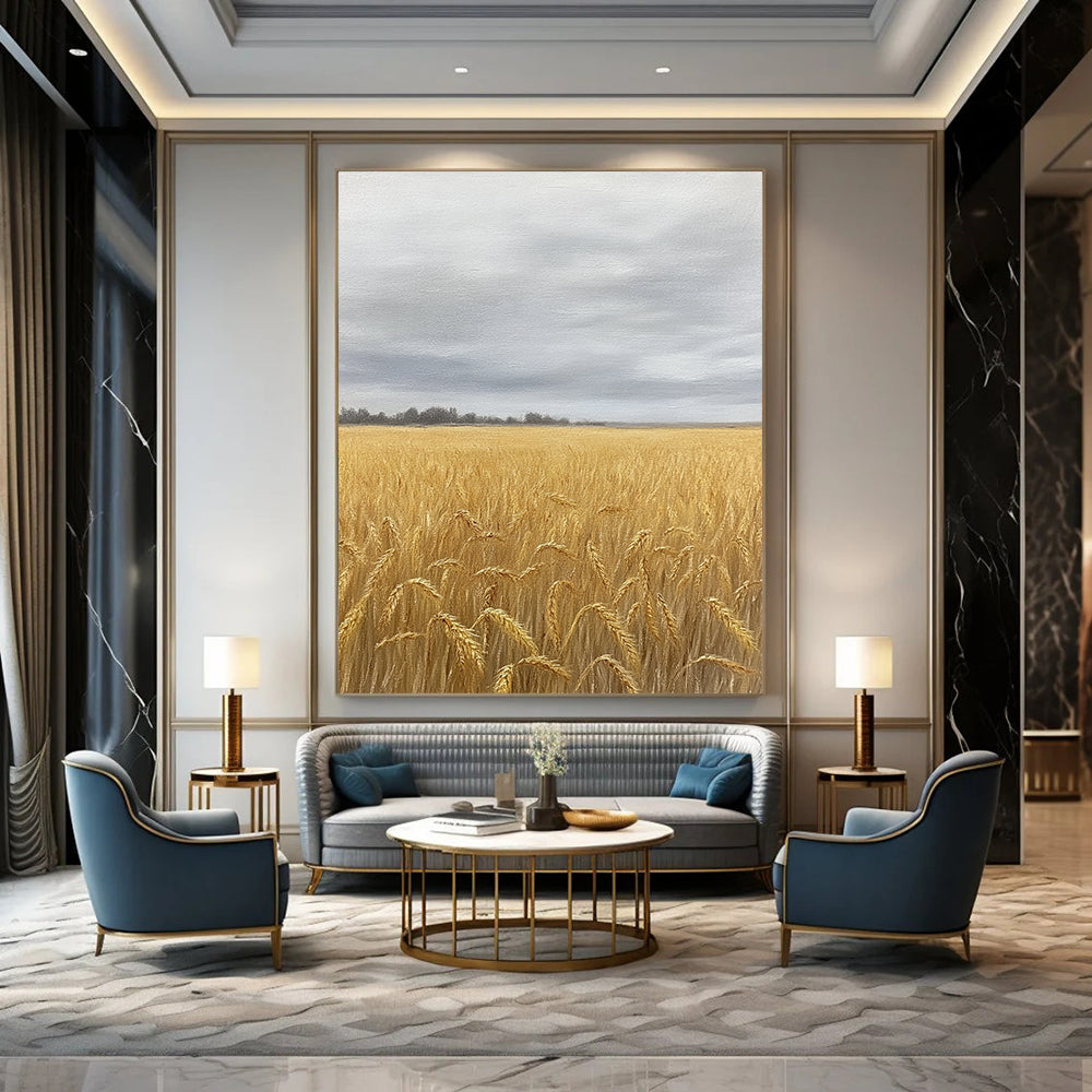 Contemporary hand-painted abstract art featuring a vast wheat field in soft earth tones and greys, capturing nostalgia beneath an overcast sky. DLZ1486