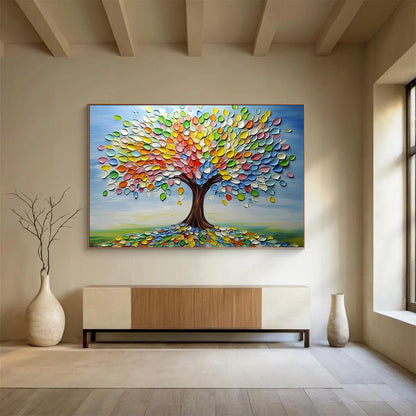 “Colorful Palette Tree” - Blue sky, multicolor leaves, textured trunk, 3D - Like Tree Painting On Canvas HB0593