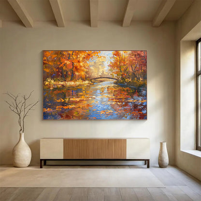 Autumn Forest River & Bridge - Cozy Living Room or Office Art DLZ196