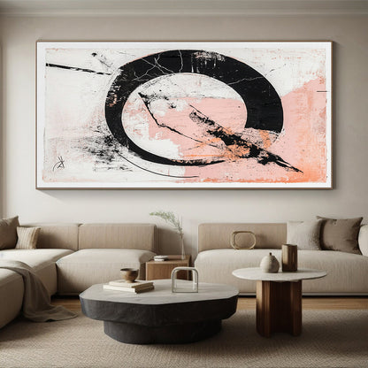 Black, White, Pink, Textured Circle "Blush Enso" Abstract Zen - Inspired Painting On Canvas HB091