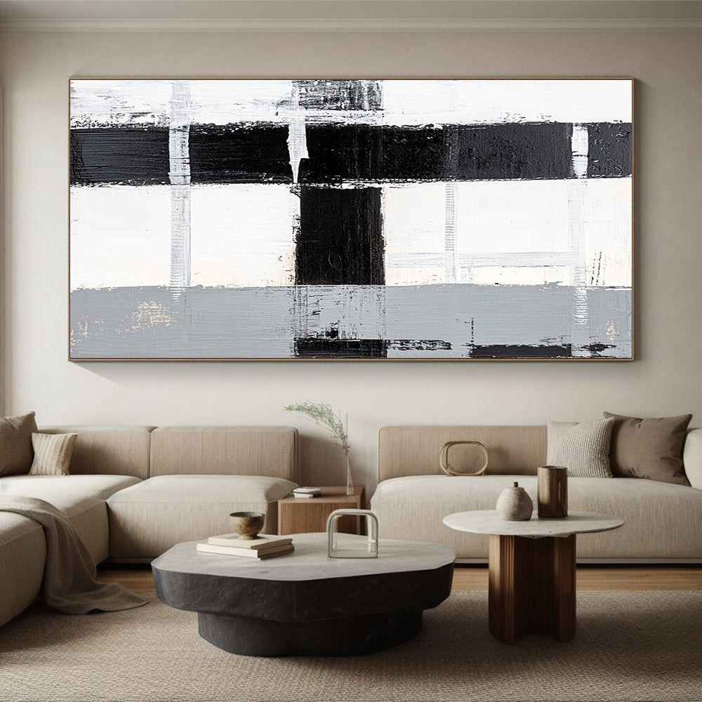 Black, White, Gray, Patchwork Squares "Monochrome Patchwork" Abstract Minimalist Painting On Canvas HB160