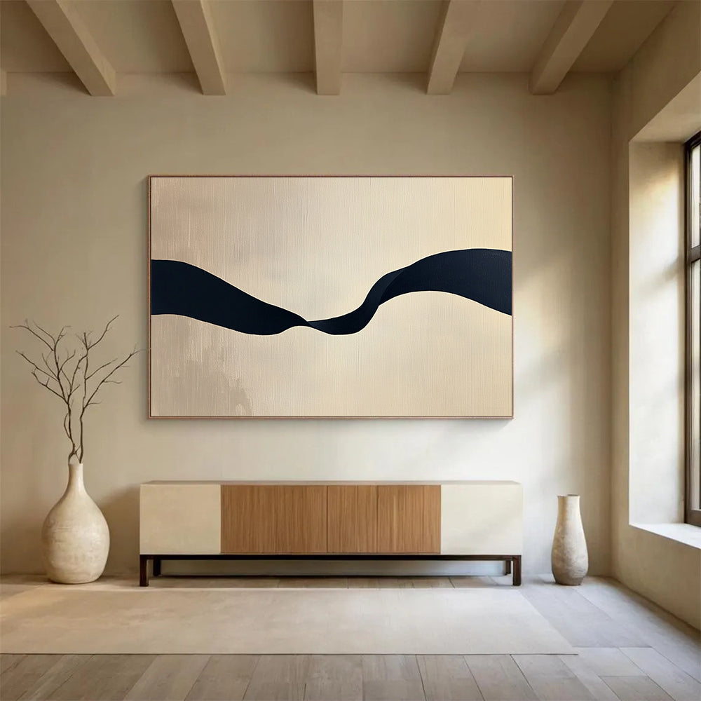 “Black Ribbon on Beige” - Black, Beige, Curved Ribbon Shape - Minimalist Acrylic Painting HB1666