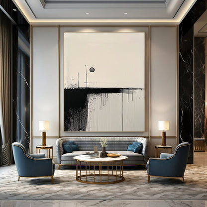 Contemporary hand-painted abstract art featuring minimalist black brushstrokes on a textured white canvas with a contrasting circle for balance. DLZ0766