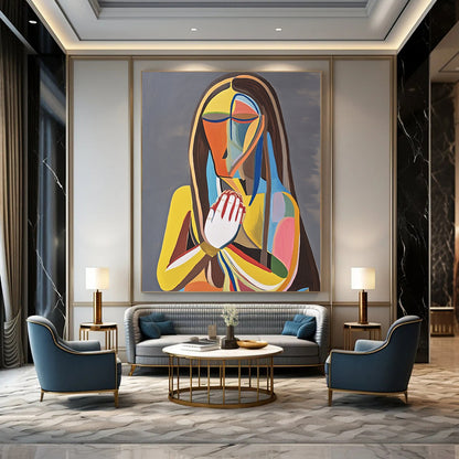 Contemporary abstract painting featuring a woman on a throne holding her chest in pain against a gray background with vibrant colors and bold lines. DLZ1381