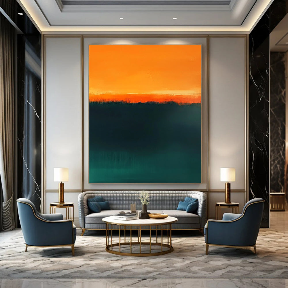 Contemporary hand-painted abstract art featuring dark green and orange tones with a tranquil teal gradient and warm amber horizon line for serene beauty. DLZ1384