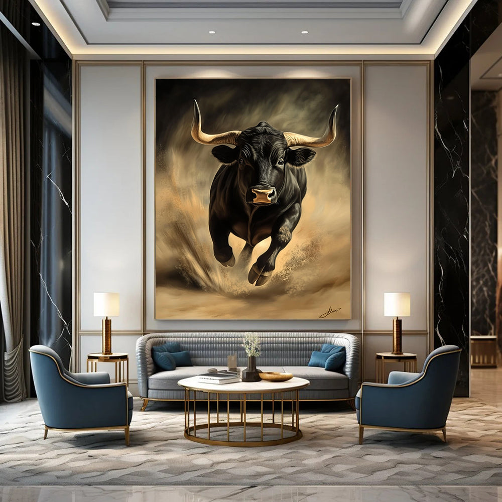Vibrant contemporary abstract art featuring a dynamic black bull evoking energy and movement in a stunning digital painting style. DLZ1555