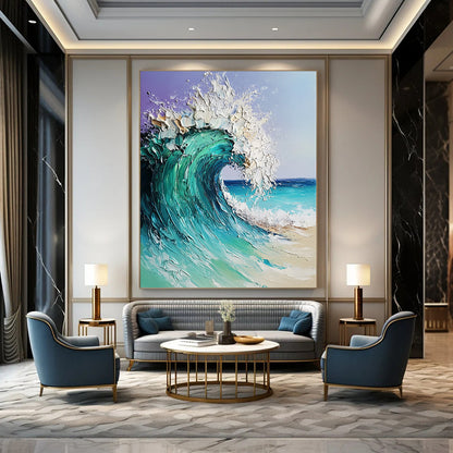 Contemporary hand-painted abstract artwork featuring a dreamy ocean wave in turquoise and blue with textured impasto brushwork on a light purple background. DLZ1095