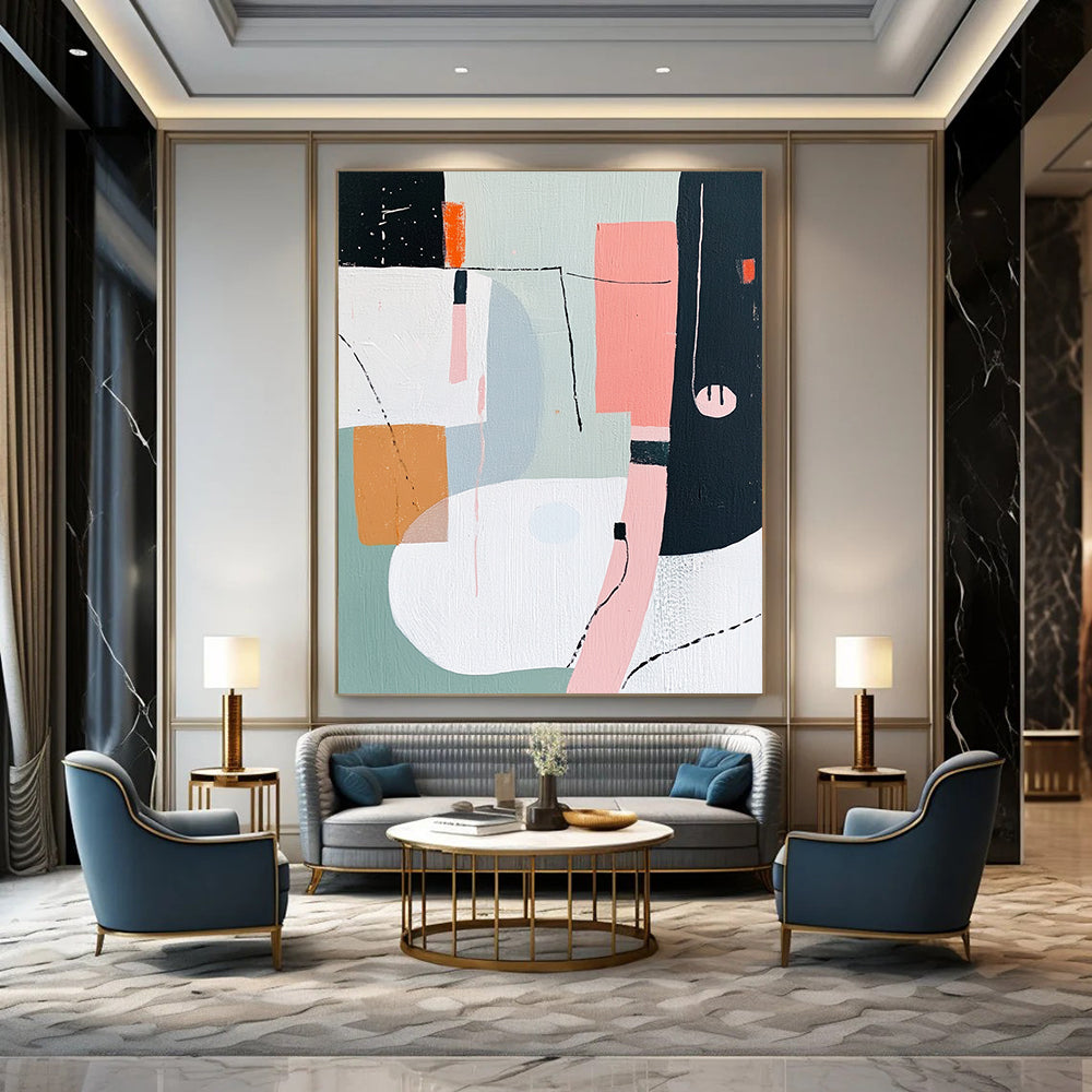 Contemporary hand-painted abstract art featuring shapes and lines in pink white grey green orange and black with a figure wearing headphones. DLZ0995