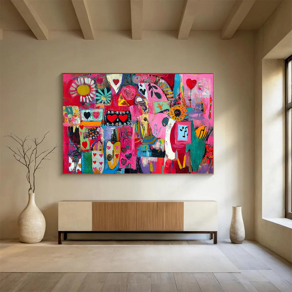 “Pink Collage Abstract” - Pink, Red, Colorful Shapes, Hearts, Flowers, Mixed Patterns - Painting On Canvas HB1444
