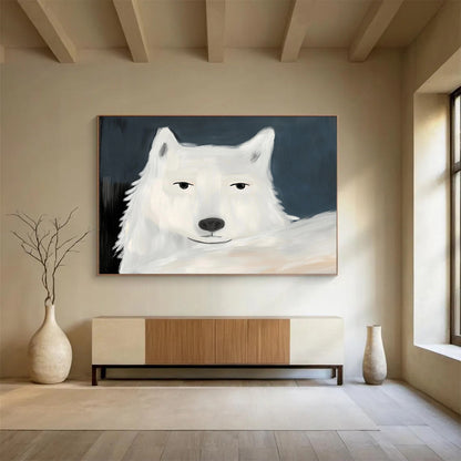 “Charming White Wolf Portrait” - White, Gray, Blue, Animal Portrait Painting On Canvas HB0775