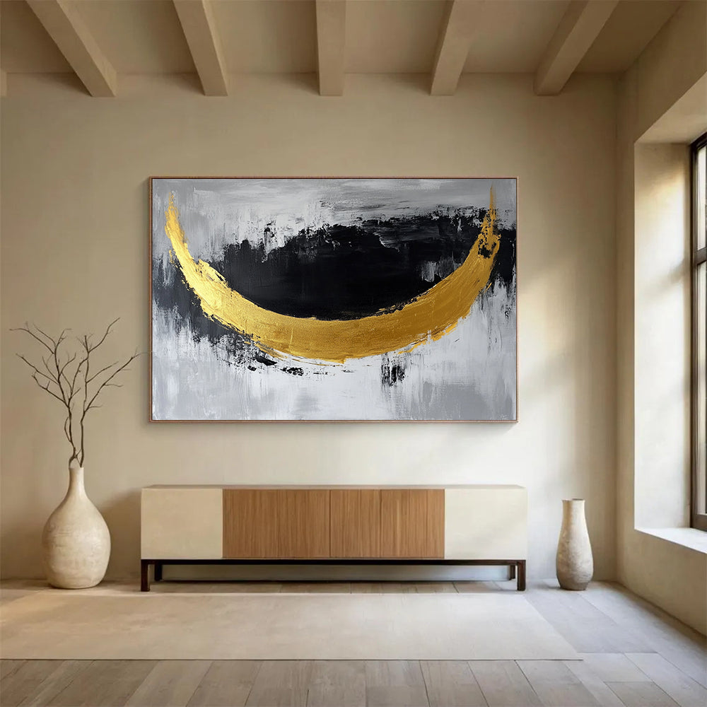“Golden Crescent” - Gold, Black, Gray, Abstract Moon - Shaped Painting On Canvas HB1044