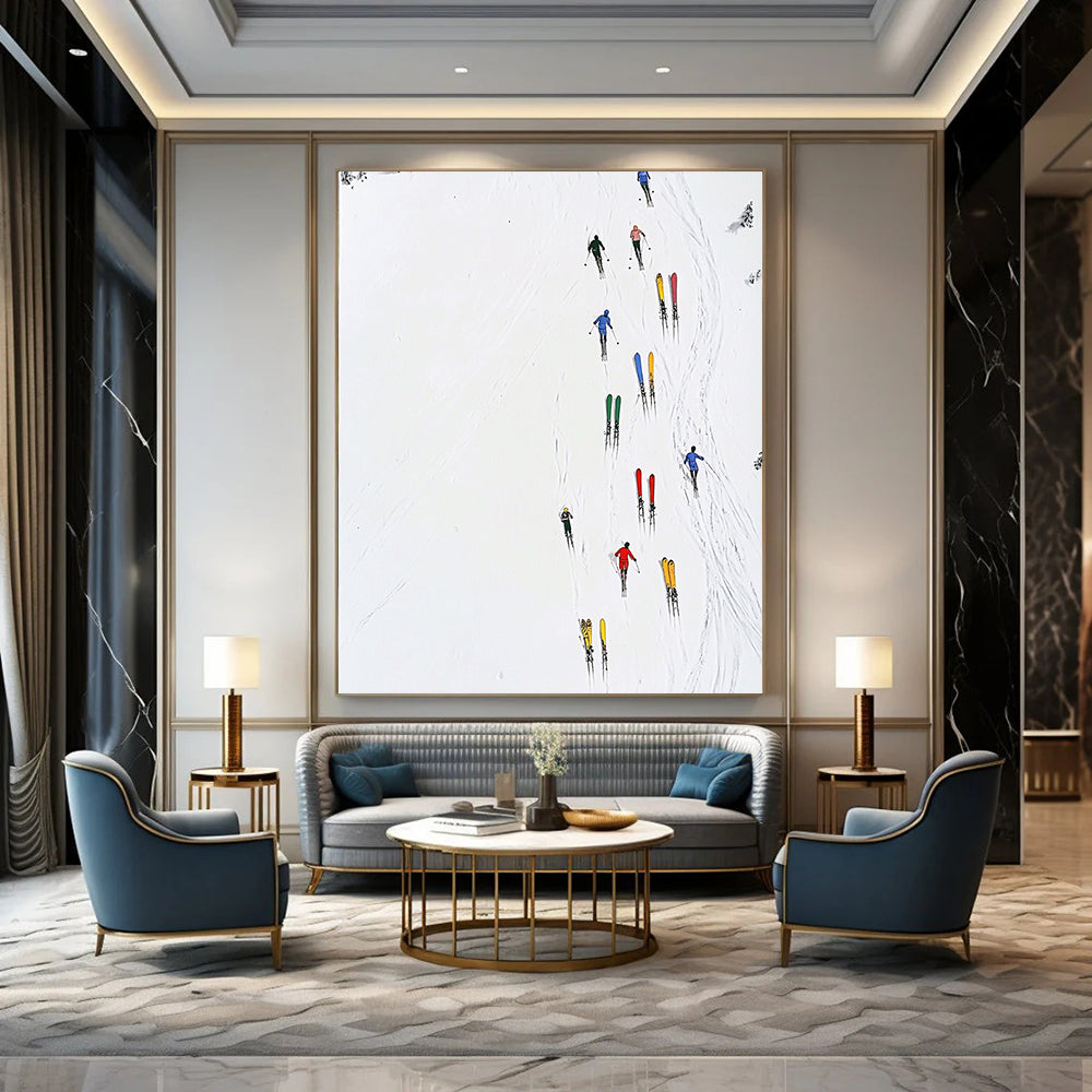 Contemporary abstract art featuring minimalist skiers, vibrant stacked skis, pure white background, and simple lines for a striking visual impact. DLZ1255