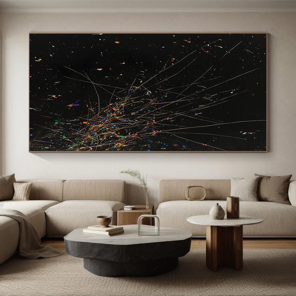 Black, Colorful Specks, Thin Lines "Starry Explosion" Abstract Painting On Canvas HB023