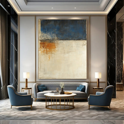 Contemporary abstract painting features a beige and blue palette large brush strokes and moody landscape with earthy tones and white spaces. DLZ0695