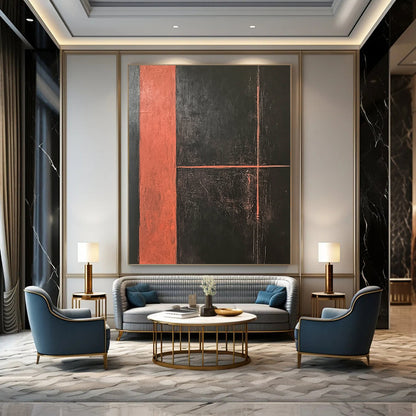 Large contemporary hand-painted abstract artwork featuring a dark orange rectangle with dynamic lines on a striking black background, showcasing bold textures and brush strokes. DLZ1282