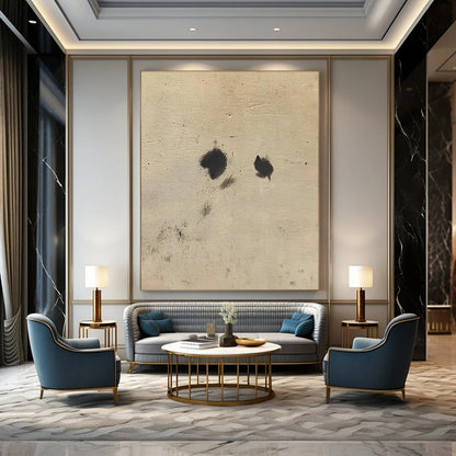 Contemporary abstract art featuring intertwined black spots on white fur against a soft beige background, inspired by Cuno Amiet’s unique style. DLZ1200