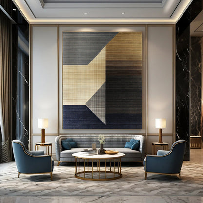 Contemporary abstract artwork with geometric shapes in earthy tones featuring soft browns and greys contrasted with dark navy and delicate line-drawn squares. DLZ1453