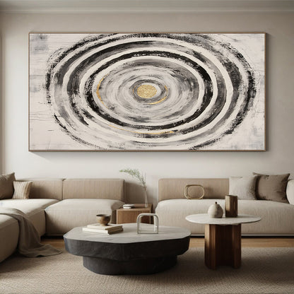 Black, White, Gray and Gold Concentric Circles "Energetic Vortex" Painting On Canvas HB381