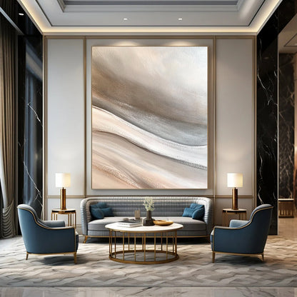 Contemporary large hand-painted abstract art capturing the desert with soft sand dunes in neutral gray beige and white tones for a calming zen atmosphere DLZ0650