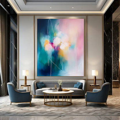 Contemporary abstract painting with soft pink and blue tones, large brush strokes, and white rope-like lines, emphasizing a connection to nature. DLZ1064