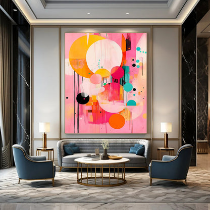 Contemporary abstract painting features large circles and colorful shapes on a pink background with black lines and orange accents in a joyful style. DLZ0763