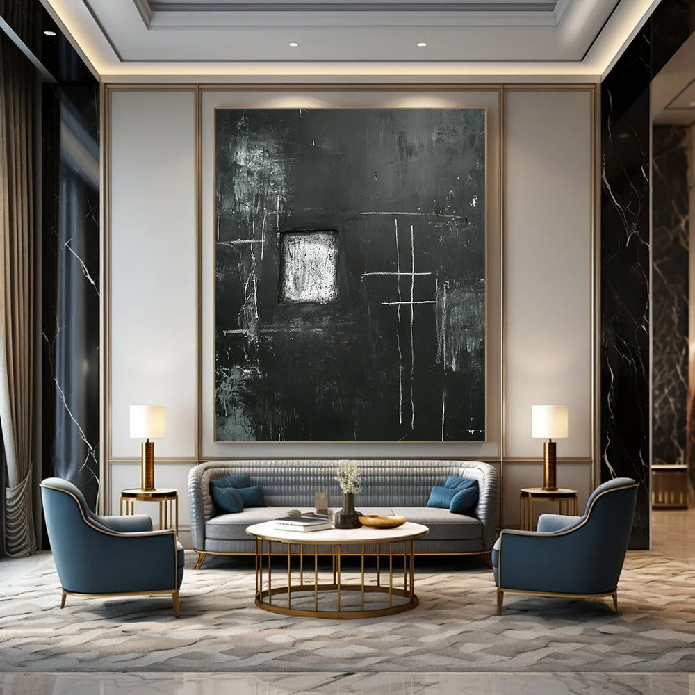 Contemporary abstract art featuring a black wall with eerie white chalk drawings of a cross and window with a central space for personal expression. DLZ1150